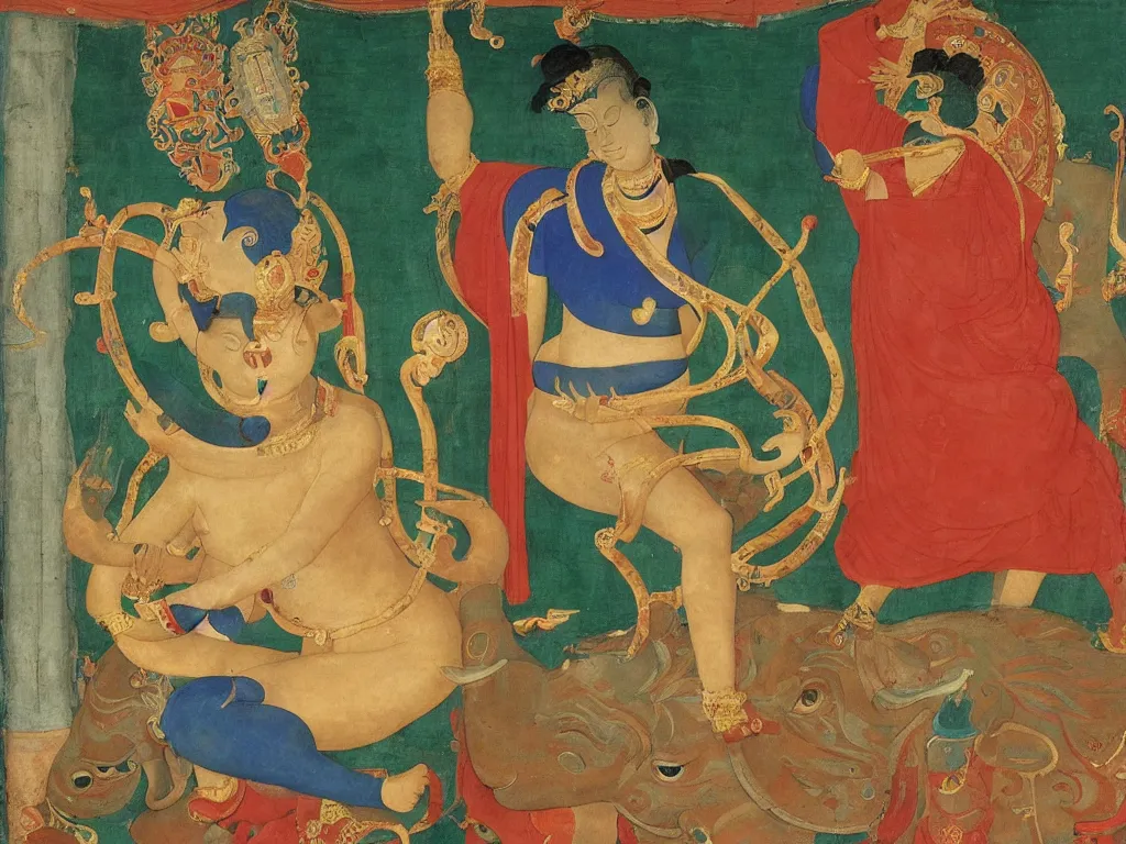 Image similar to portrait of a buddhist dancing deity with elephant. lapis lazuli, malachite, cinnabar, gold. painting by piero della francesca, balthus, agnes pelton