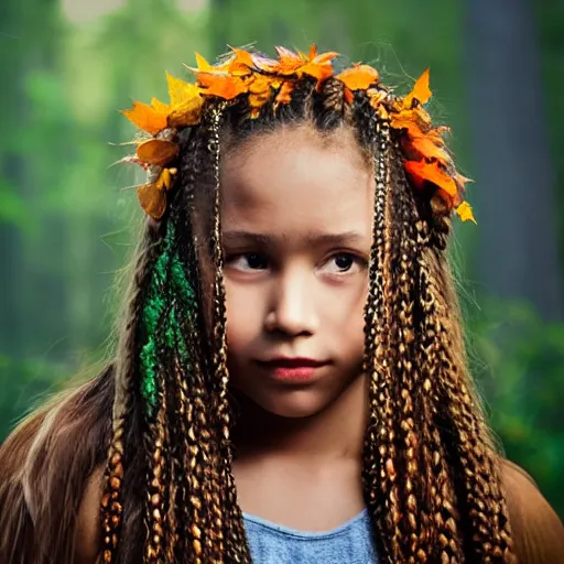 Prompt: young girl with long braids singing the song of forgetting in a gloomy misty forest with vibrant orange leaves on a nearby golden pedestal burn seven red candles. smoke fire. high detail, detailed face with piercing green eyes photograph