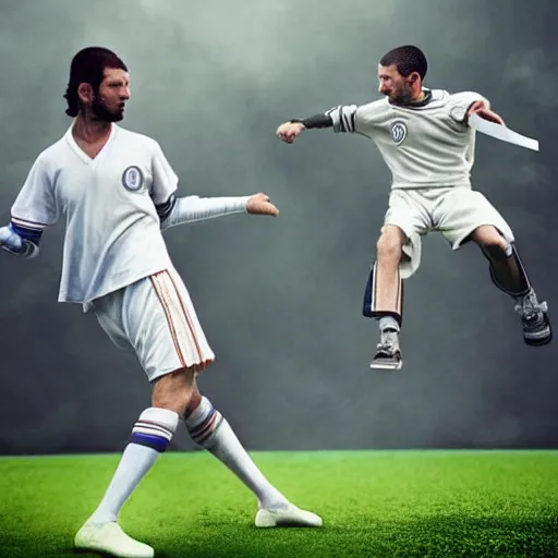 Prompt: A realistic photo of a Jedi fight between Zinédine Zidane and Marco Materazzi, hyper-realistic, 8K HDR.