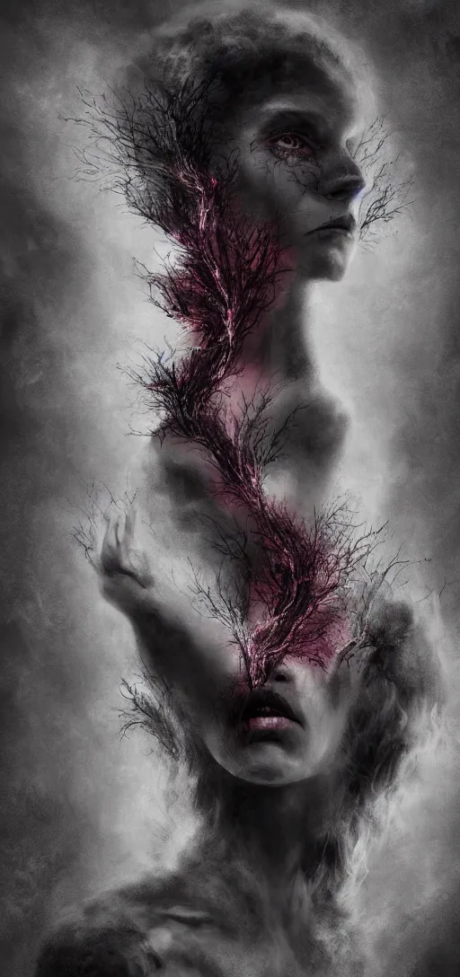 Image similar to dramatic matte portrait painting of woman with black mandelbrot fractal instead of face, horror, body horror, dark art, 4 k, detailed, realistic, psychotic, insane, crazy, mental illness, dramatic,