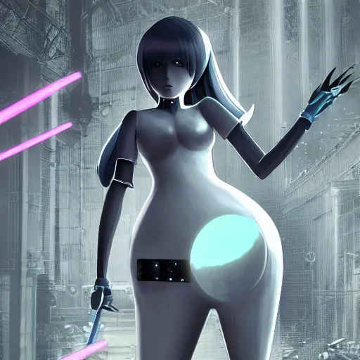 Image similar to This android personal bodyguard is a true beauty, with a design that resembles both Gardevoir from Pokémon and 2B from Nier Automata. Her utopian vibes and photorealistic character are truly something to behold, and her outrunner aesthetic is truly trendsetting. This 8k UHD image is a hyper realistic render with intricate details that will leave you breathless.