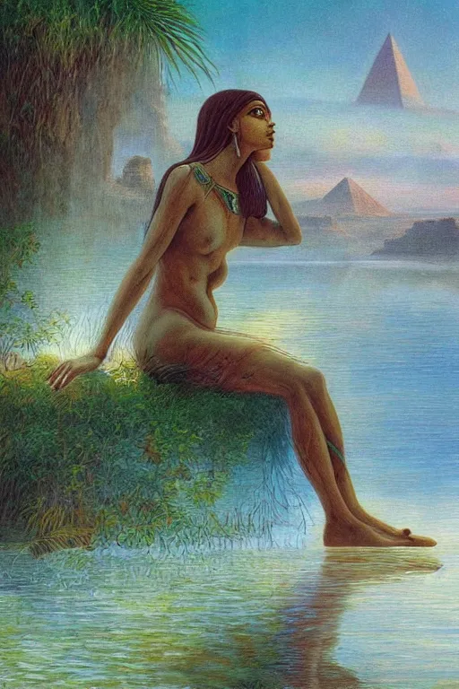 Prompt: painting of Egyptian Mother Nature in a lake, inspired by Gustav Moreau and Wayne Barlowe, exquisite detail, hyper realism, ornate, exquisite detail, cute face