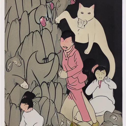 Prompt: an art piece of people getting eaten by a giant cat tsuguharu foujita