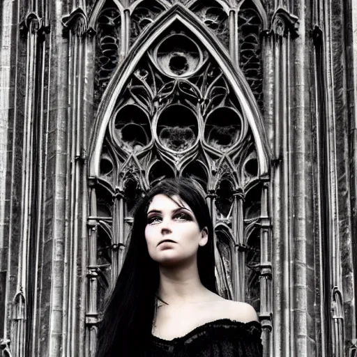 Image similar to gothic girl dressed in black, perfect face, macro head shot, behind her a whole gothic cathedral, perfect photo the full cathedral is visible, wide lens, no decaying lines, the windows of the cathedral are reflecting red flame lights, delicate mandala intricate ornaments