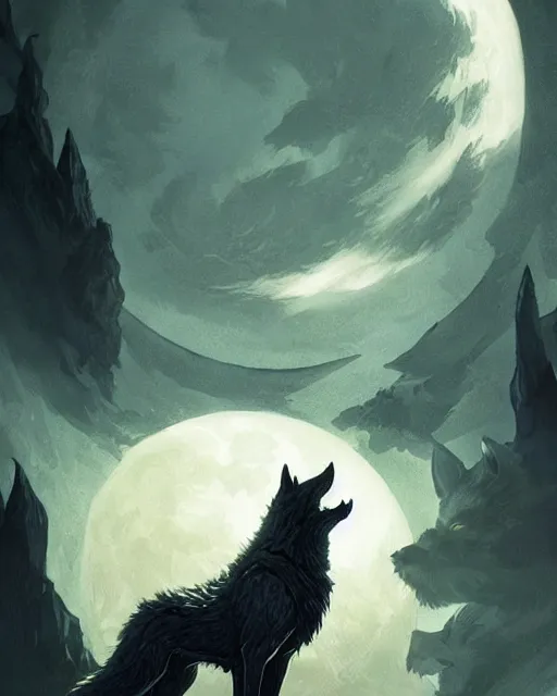 Prompt: '' Illustration a wolf (Fenrir), (night), (moon in the background), league of legends, Fenrir, LOL, fantasy, d&d, digital painting, artstation, concept art, sharp focus, illustration, art by greg rutkowski and alphonse mucha ''