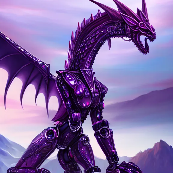 Prompt: extremely detailed fanart of a goddess that's a giant beautiful anthropomorphic robot female dragon, towering over mountains, elegant pose, shiny silver metal armor, fuchsia skin, digital art, furry art, furaffinity, DeviantArt, 8k HD