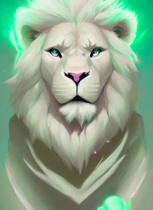 Prompt: !dream aesthetic portrait commission of an albino male furry anthro lion wearing a mint colored thin cloack, pastel Neon lense flares. Atmospheric. Character design by charlie bowater, ross tran, artgerm, and makoto shinkai, detailed, inked, western comic book art, 2021 award winning painting