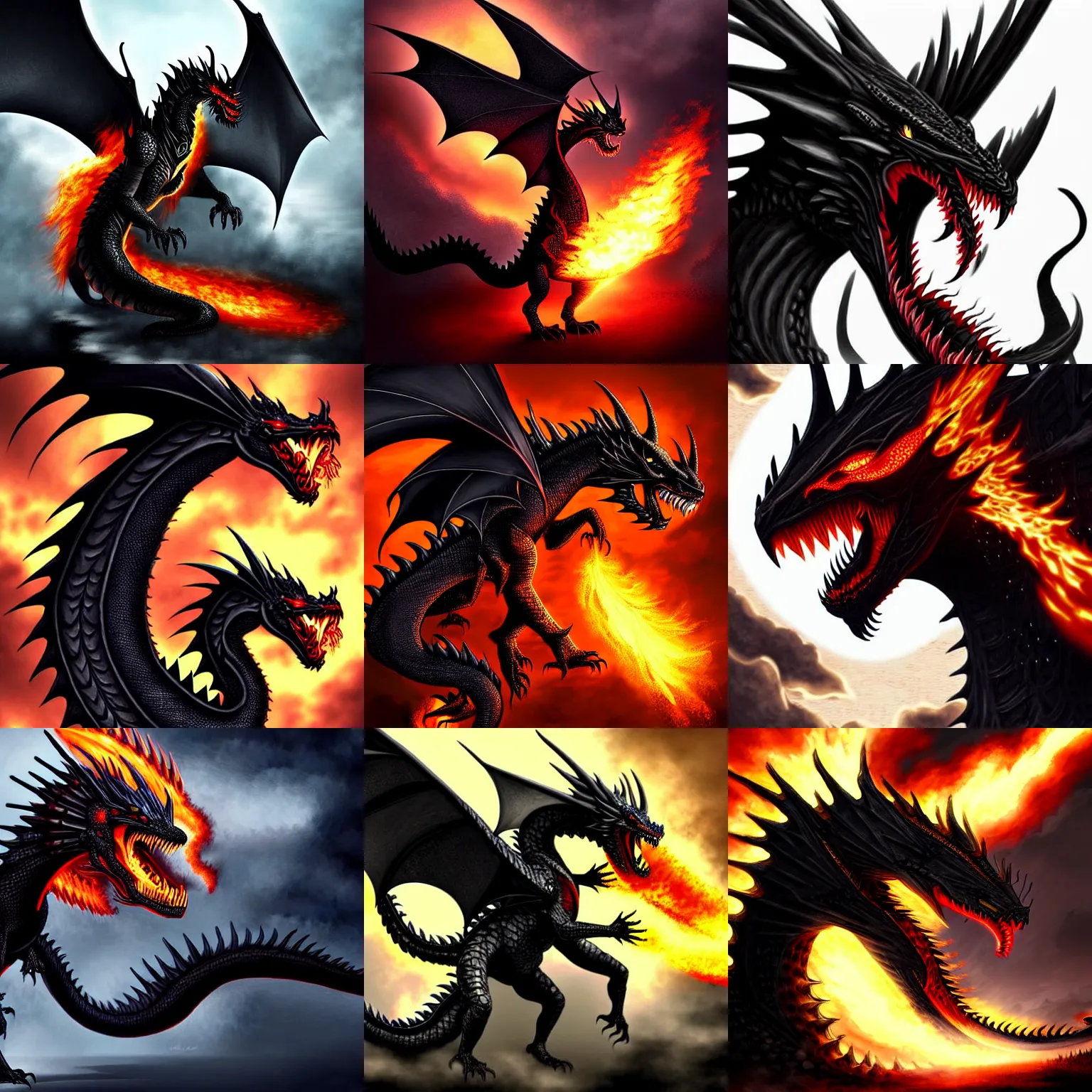 Prompt: black dragon breathing fire, outstanding, epic, amazing, digital art, fantasy art