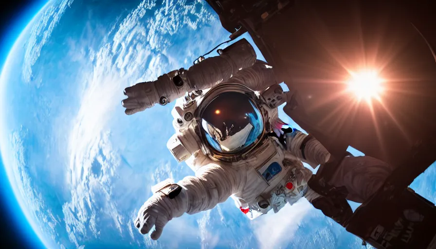 Image similar to movie still of an astronaut spacewalk, cinematic composition, cinematic light, anamorphic lens, 4 k