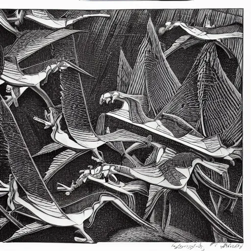 Image similar to escher print of pterodactyls