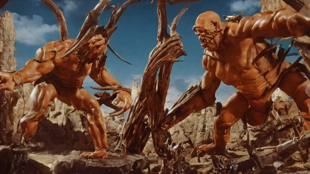 Prompt: still from a stop motion animated movie about a giant cyclops, by ray harryhausen, nineteen seventy five, cinematic lighting, ultra realistic, panavision, wide screen, saturated color, seventies cinema, vintage, sword and sorcery