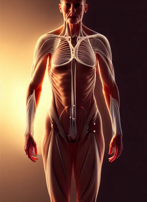 Image similar to portrait of a human diagram, human muscle medical diagram with good cable management, intricate, elegant, glowing lights, highly detailed, digital painting, artstation, concept art, smooth, sharp focus, illustration, art by wlop, mars ravelo and greg rutkowski