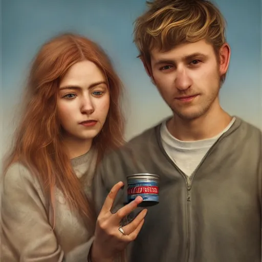 Image similar to a highly detailed side portrait of a young couple from the side, holding a tin can, remote icelandic village, summer, jeans and t shirt, blonde hair, muted colors, by tom bagshaw, trending on artstation,