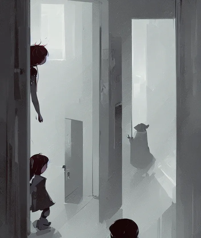 Image similar to a door at the end of a long dark staircase leading down and a dark corridor by pascal campion, trending on artstation „