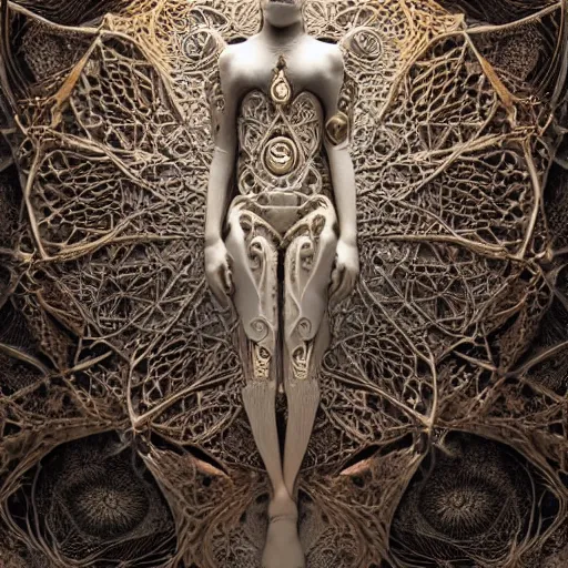 Prompt: A carved white marble female biomechanical sculpture, persian rug, mandelbulb 3D fractal, trending on artstation,subtle gold accents, beautifully lit, by zdzislaw beksinski, tsutomu nihei, peter mohrbacher, hyper detailed, insane, details, intricate, elite, ornate, elegant, luxury, dramatic lighting, CGsociety, hypermaximalist,golden ratio, environmental key art, octane render, weta digital, micro details, structure, ray trace, 4k, epic