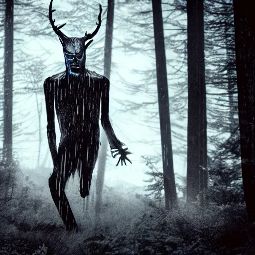 Image similar to flash photo of wendigo rushing out of the woods, dramatic, high contrast