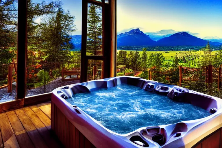 Prompt: An inviting hot tub with mountain views, digital art