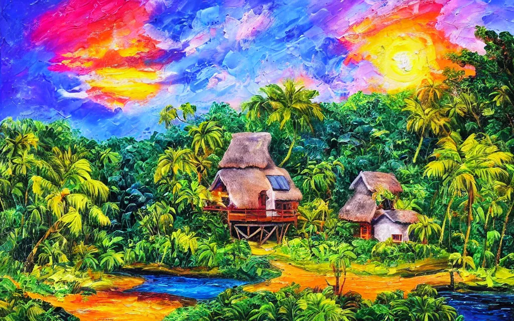 Prompt: an island with a cozy cottage, tropical forest, river, waterfall, windmill, garden courtyard, sunset, puffy clouds, oil impasto painting