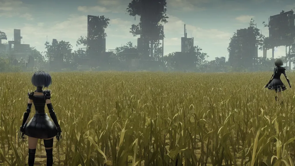 Image similar to Screenshot from Nier Automata in a beautiful countryside corn field