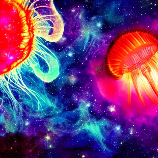 Image similar to psychedelic lions mane jellyfish swimming through space, colorful, nebula, concept art, universe, cinematic, 8 k,