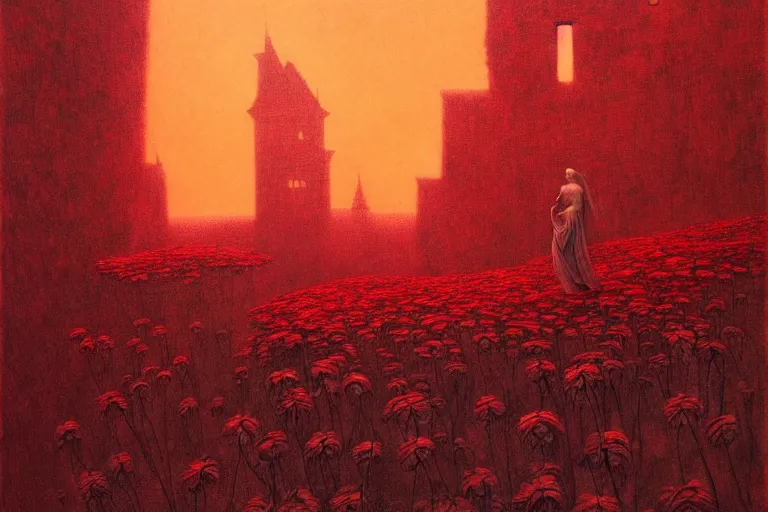 Prompt: only with red, red eyes, a red tiger, a castle in the background, medieval demons dance over the flowers, an ancient path, in the style of beksinski, part by hopper, part by rodcenko, part by hofbauer, intricate composition, red by caravaggio, insanely quality, highly detailed, masterpiece, red light, artstation