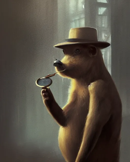 Image similar to oil painting of anthropomorphized capybara holding a smoking pipe, detective clothes, close shot, full body, old london raining background, sharp focus, fantasy style, octane render, volumetric lighting, 8k high definition, by greg rutkowski, highly detailed, trending on art Station, dungeons and dragons artwork, centered