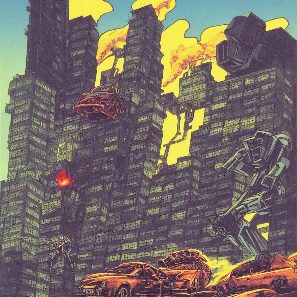 Prompt: Giant robot desires to eat a massive glazed donut on top of one of the buildings is another building is on fire smoking and a crushed car is under the foot of the giant robot by Richard Corben