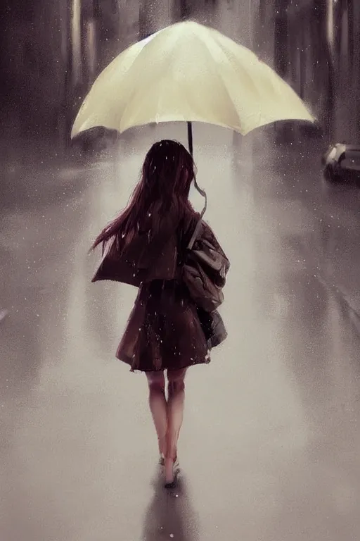 Prompt: cute girl in the rain under an umbrella, by wlop, concept art, poster