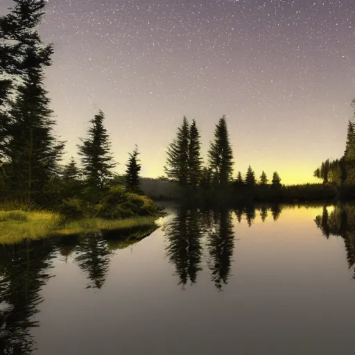 Prompt: lake, trees, night, glowworms, concept art,