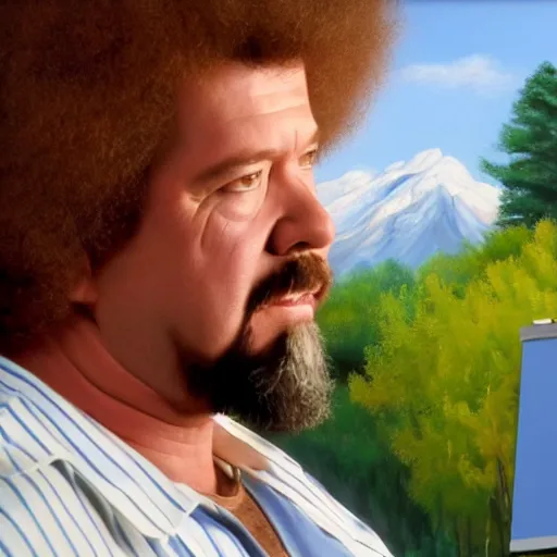 Image similar to a closeup photorealistic photograph of bob ross painting an image of kenny powers pitching a baseball on a canvas. mountains and trees. film still. brightly lit scene. this 4 k hd image is trending on artstation, featured on behance, well - rendered, extra crisp, features intricate detail, epic composition and the style of unreal engine.