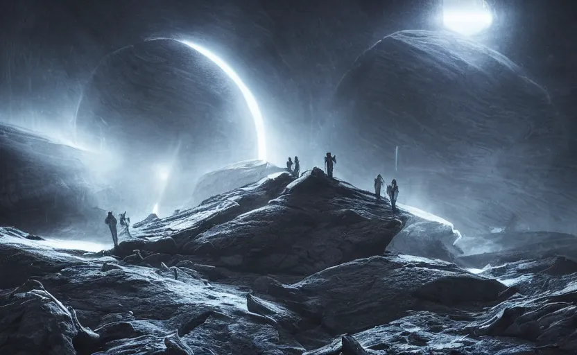 Image similar to a nordic extraterrestrial spaceship at the end of the worm hole leading to planet earth, epic scene, extremely detailed masterpiece, extremely moody lighting, glowing light and shadow, atmospheric, shadowy, cinematic, god lighting