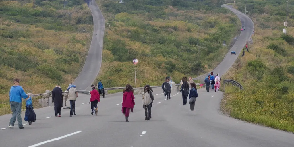 Prompt: People strolling along the highway, Martin Handford style.