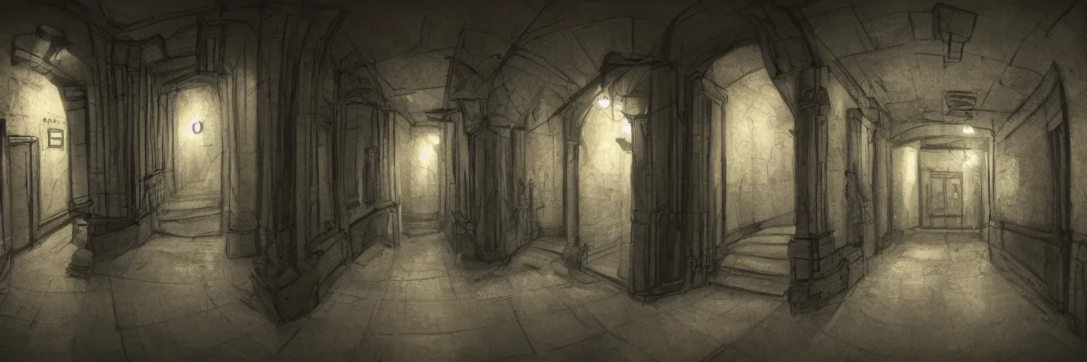 Image similar to dimly lit, theatre access corridor background, 3 doors, fish eye, artstation