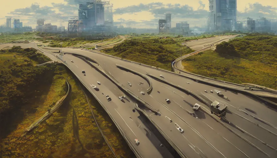 Prompt: A highly detailed matte oil painting of a highway by Mokoto Shinkai, hyperrealistic, cinematic angle, breathtaking, beautiful composition, by Artgerm, by beeple, by Studio Ghibli, volumetric lighting, octane render, 4K resolution, trending on artstation