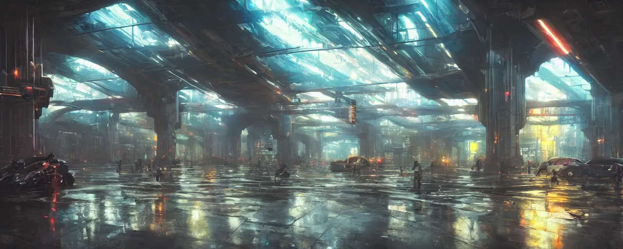 Image similar to under a highway bridge of a cyberpunk city, rain, night, flying shuttles, advertising pannels, rays of light, james gurney, greg rutkowski, unreal engine 5, artstation, sharp focus, award winning