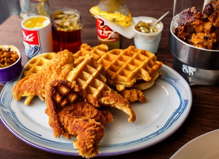 Prompt: dslr food photograph of chicken and waffles with a side of coke slaw, 8 5 mm f 1. 8