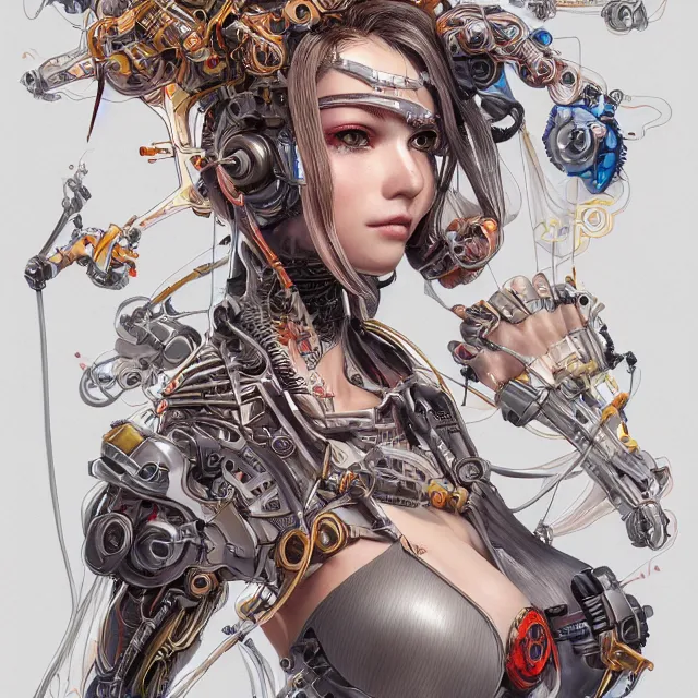 Prompt: the portrait of true neutral semi - colorful female cyborg mechanist as absurdly beautiful, gorgeous, elegant, young swimsuit model looking up, an ultrafine hyperdetailed illustration by kim jung gi, intricate linework, bright colors, octopath traveler, final fantasy, unreal engine 5 highly rendered, global illumination, radiant light, detailed and intricate environment