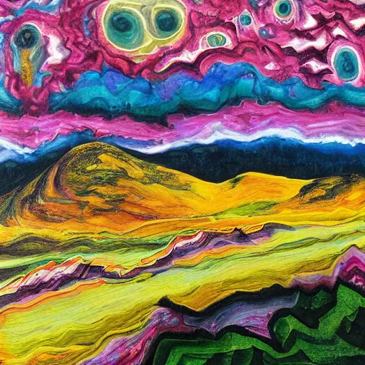 Image similar to psychedelic painting of landscape with mountains and puffy clouds, beautiful