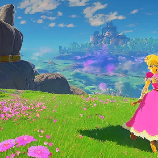 Image similar to princess peach admiring a flower in breath of the wild, in - game render, cell - shading, wide angle shot