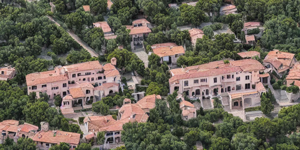 Image similar to pablo esbobar's villa, aerial view, photograph, extremely detailed, hdr