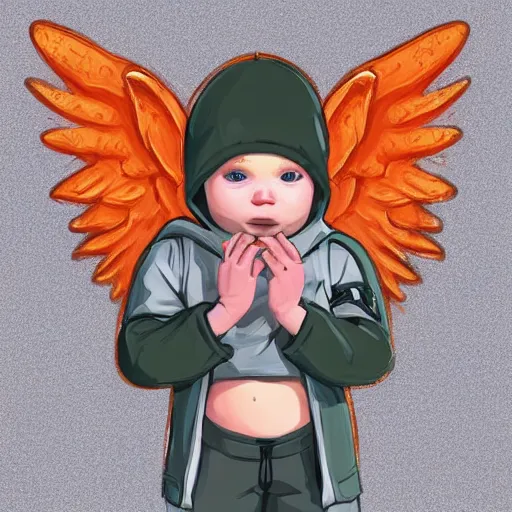 Image similar to baby Angel, baby cherub,wearing angel halo, ski mask, balaclava, face covered, wearing angel halo covered face, orange hoodie, hip hop, multiple golden necklaces, fantasy art apex fortnite Video game icon, 2d game art gta5 cover , official fanart behance hd artstation by Jesper Ejsing, by RHADS, Makoto Shinkai and Lois van baarle, ilya kuvshinov, rossdraws