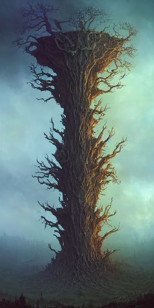 Prompt: landscape, alien tree of life, cyberpunk, sci fi, horror, monstrous, highly detailed, complex, intricate, matte painting, cinematic, by rhads and mohrbacher and zdzislaw beksinski,