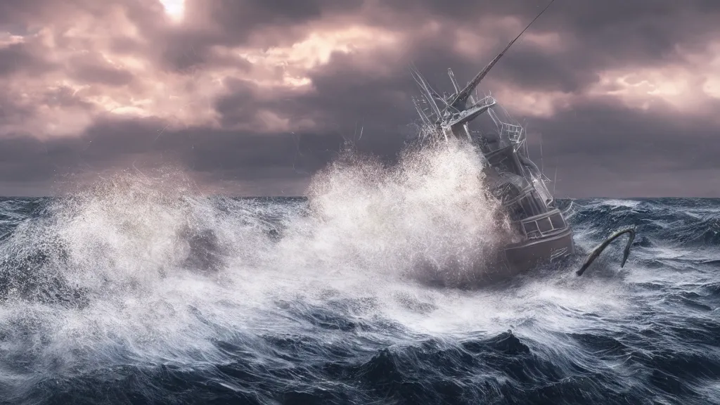 Image similar to a small fishing boat on the ocean being tossed around in heavily crashing waves, dusk, rule of thirds, rendered in octane, Corona, vray and Arnold, insanely detailed, photorealistic, cinematic, crepuscular rays, no grain