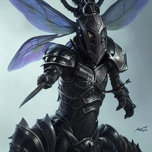 Image similar to portrait of humanoid mosquito resembling a knight in black monstrous armor with two dragonfly wings, league of legends splash art, hearthstone splash art, full body shot, rule of thirds, ultrafine hyperrealistic detailed face, artgerm, greg rutkowski, trending on artstation, 8 k, intricately detailed, highly detailed