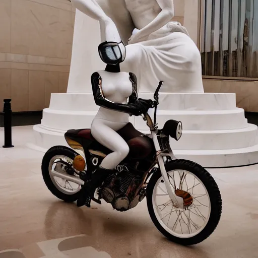 Image similar to a beautiful cinematic lit scene in the guggenheim museum of a white armless marble statue of a woman, with a motorcycle in background with motocross colors and corporate logos in the style of virgil abloh, matthew williams, offwhite, givenchy