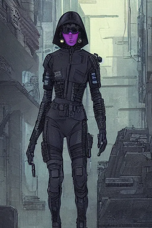 Image similar to selina. blackops mercenary in near future tactical gear, stealth suit, and cyberpunk headset. Blade Runner 2049. concept art by James Gurney and Mœbius.