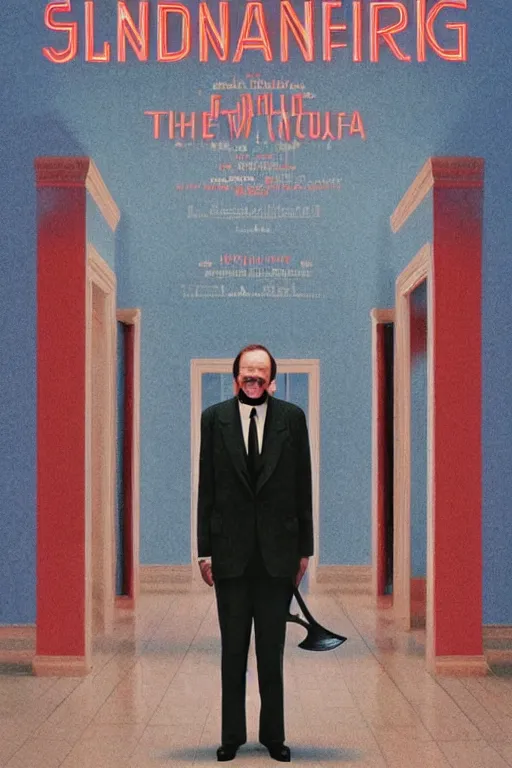 Image similar to a movie poster for the film the shining featuring jack nicholson's and an axe in the style of the grand budapest hotel.