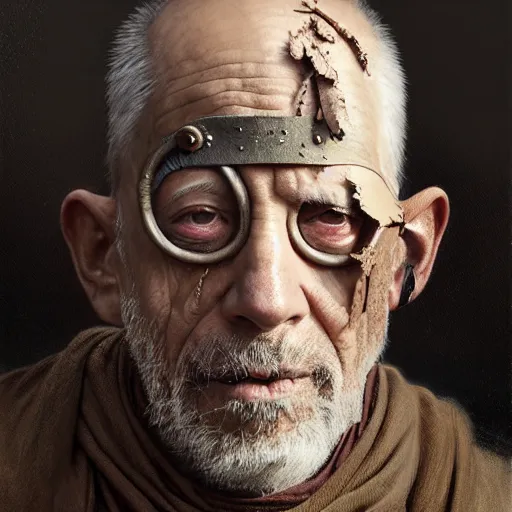 Image similar to portrait painting of a post - apocalyptic older american man blindfolded and wearing monk garbs with a scrap pauldron, ultra realistic, concept art, intricate details, eerie, highly detailed, photorealistic, octane render, 8 k, unreal engine. art by artgerm and greg rutkowski and charlie bowater and magali villeneuve and alphonse mucha