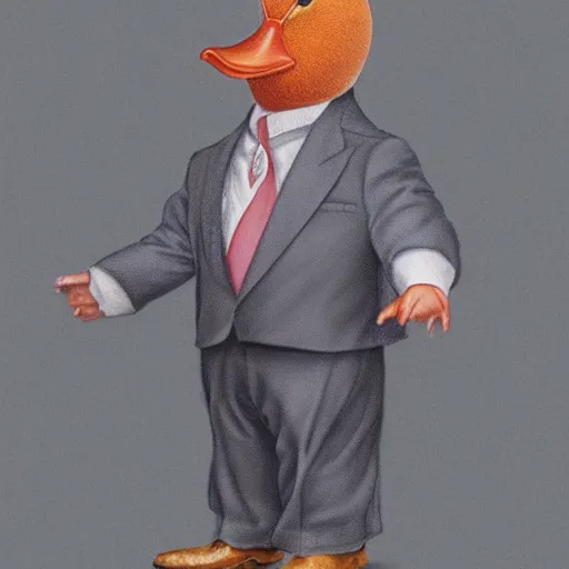 Image similar to a high detail photo of an antropomorphic duck wearing a suit, subject= duck, subject detail: wearing a suit, photorealism