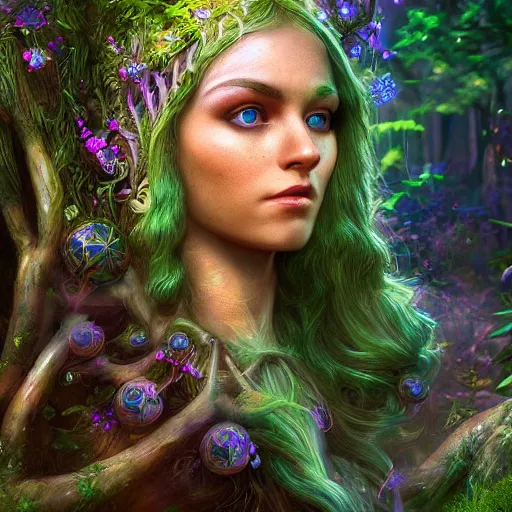 Image similar to Photorealistic elven goddess of the majestic Sprite forest. Hyperdetailed photorealism, 108 megapixels, amazing depth, glowing rich colors, powerful imagery, psychedelic Overtones, 3D finalrender, 3d shading, cinematic lighting, artstation concept art